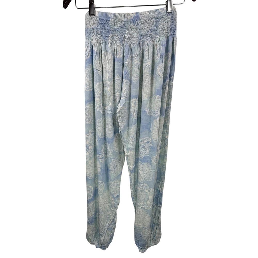 Lotus and Luna Blue Mandala Harem Pants Boho Smocked Waist Rayon S/M